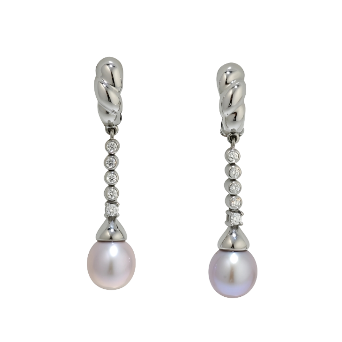 19600 Pearl & Diamond Dangle Drop Earrings Designed and Handmade by Kaufmann de Suisse in 18kt White Gold featuring 2 Rose Pearls measuring 10 11mm and 10 Round Brilliant cut FVVS Quality Diamonds