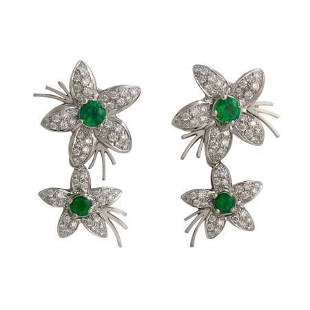 19605 Jasmin de Nuit Emerald & Diamond Earrings Designed & Handmade by Kaufmann de Suisse in 18kt White Gold featuring 120 Round Brilliant Cut FVVS Quality Diamonds weighing a total of 1.07cts and