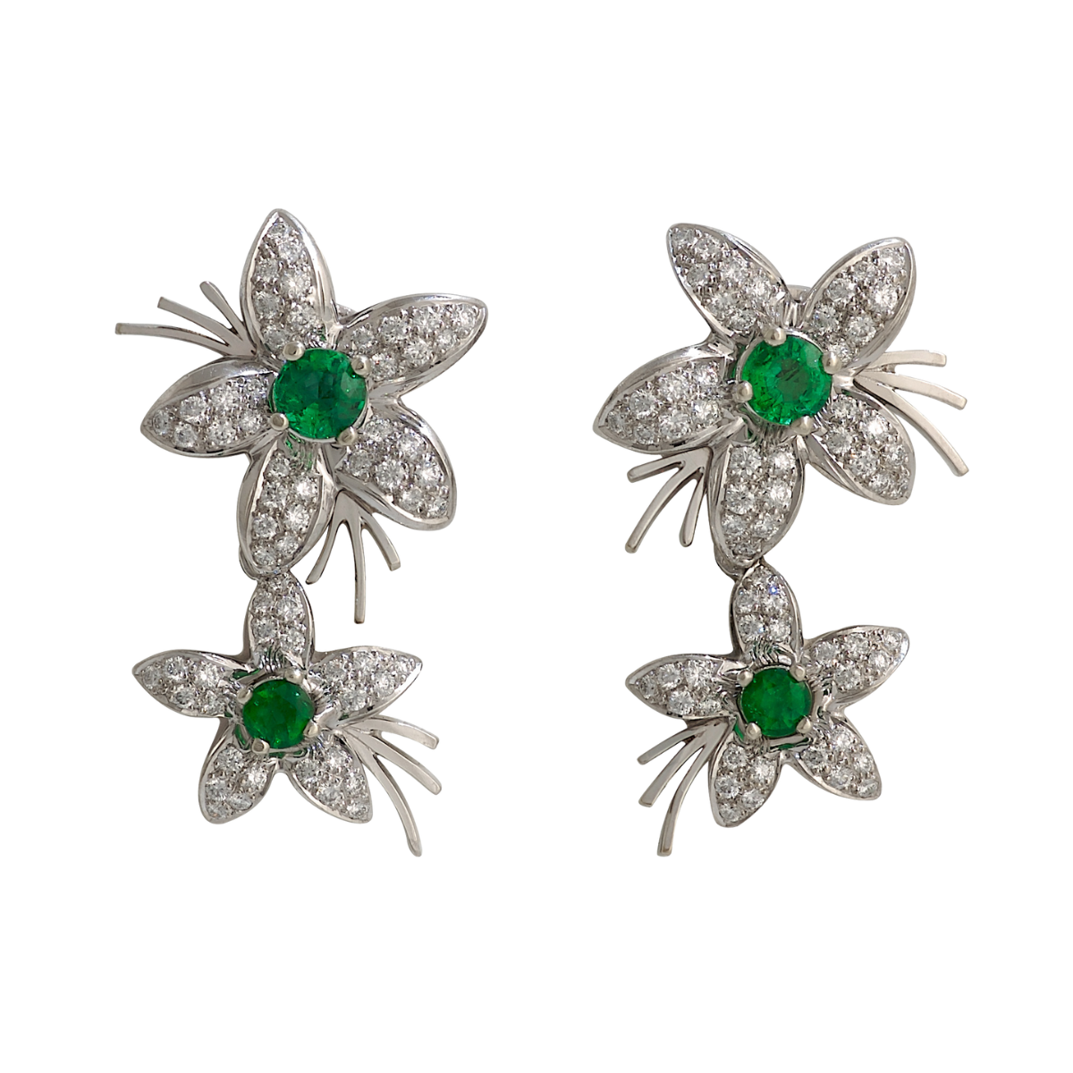 19605 Jasmin de Nuit Emerald & Diamond Earrings Designed & Handmade by Kaufmann de Suisse in 18kt White Gold featuring 120 Round Brilliant Cut FVVS Quality Diamonds weighing a total of 1.07cts and