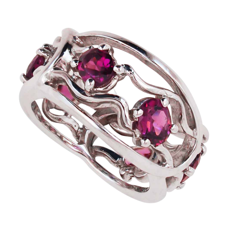 20572 Open Flowing Lines Rhodolite Ring, Handmade in 18k White Gold with 6 Round Rhodolites Weighing 2.07 Carats Total