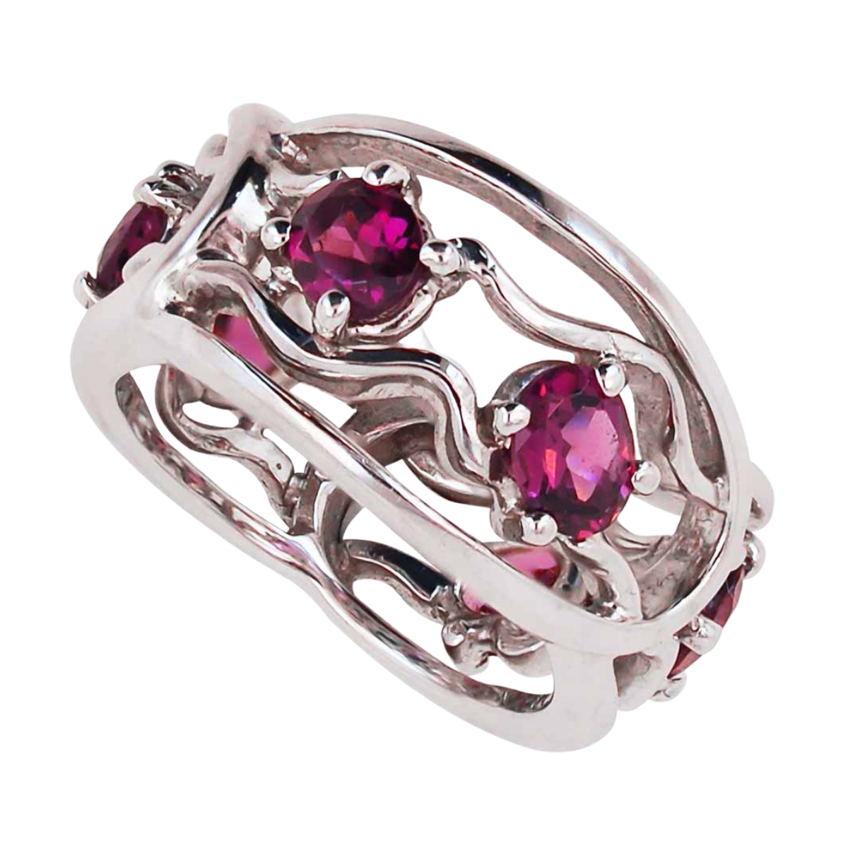 20572 Open Flowing Lines Rhodolite Ring, Handmade in 18k White Gold with 6 Round Rhodolites Weighing 2.07 Carats Total