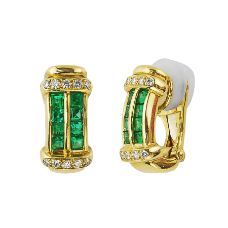 20694 Classic Emerald & Diamond Clip Back Rectangular Huggy Earrings Designed & Handmade by Kaufmann de Suisse in 18kt Yellow Gold featuring 16 Square Cut Emeralds weighing a total