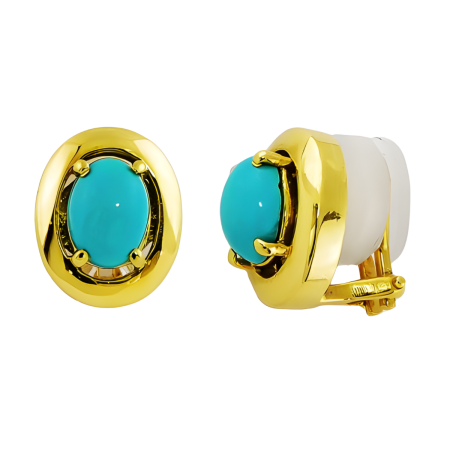 21106 Turquoise and Gold Earring Studs, Handmade in 18k Yellow Gold with 2 Oval Cabochon Turquoise