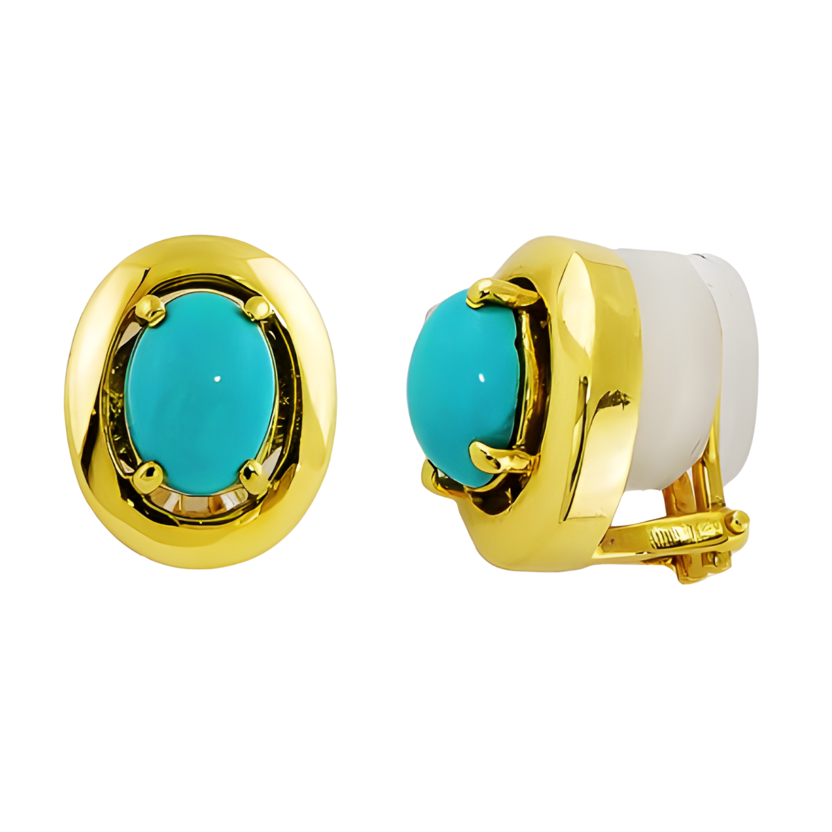 21106 Turquoise and Gold Earring Studs, Handmade in 18k Yellow Gold with 2 Oval Cabochon Turquoise