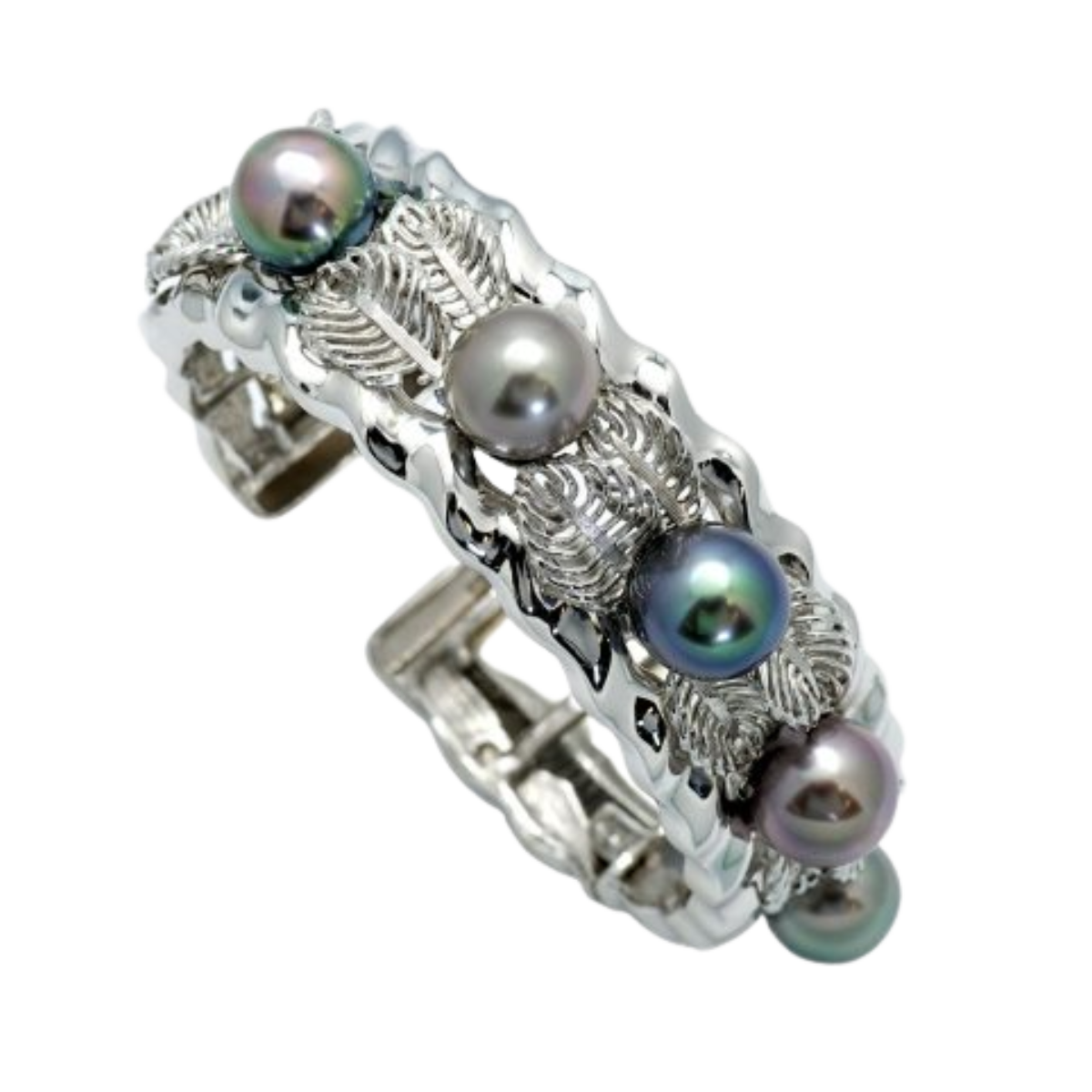 21293 Flowing Lines Leaf Cuff Bracelet, Handmade in 18k White Gold with 5 Tahitian Pearls.