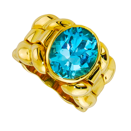 21306 Triple Flowing Lines Blue Topaz Ring Designed & Handmade by Kaufmann de Suisse in 18kt Yellow Gold featuring 1 Oval Blue Topaz weighing 5.92cts