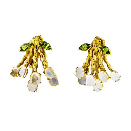 21512 Flowing Lines Bouquet Peridot and Moonstone Earrings, Handmade in 18k Yellow Gold with 4 Marquise Peridots Weighing 4.00 Carats Total and 12 Oval Moonstones Weighing 17.00 Carts Total (2)