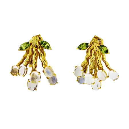 21512 Flowing Lines Bouquet Peridot and Moonstone Earrings, Handmade in 18k Yellow Gold with 4 Marquise Peridots Weighing 4.00 Carats Total and 12 Oval Moonstones Weighing 17.00 Carts Total