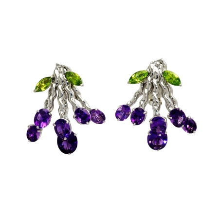 21557 Flowing Lines Bouquet Earrings Designed & Handmade in 18kt White Gold featuring 12 Oval Amethyst weighing a total of 18.9cts and 4 Marquise Cut Peridot weighing a total of 4.00cts
