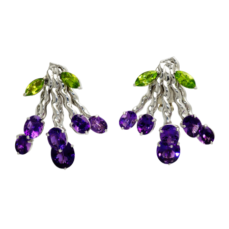 21557 Flowing Lines Bouquet Earrings Designed & Handmade in 18kt White Gold featuring 12 Oval Amethyst weighing a total of 18.9cts and 4 Marquise Cut Peridot weighing a total of 4.00cts