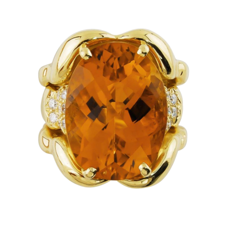 21763 Triple Flowing Lines Madeira Citrine and Diamond Ring Designed and Handmade by Kaufmann de Suisse in 18kt Yellow Gold featuring one Oval 18.14cts Madeira Citrine mounted