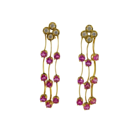 21934Triple Cascade Pink Sapphire Dangle Drop Earrings Designed & Handmade by Kaufmann de Suisse in 18kt Yellow Gold featuring 8 Round Brilliant Cut GVS Quality Diamonds weighing a total of 1.18ct