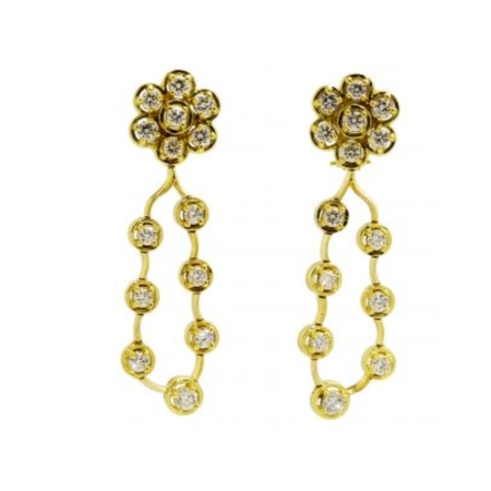 22067 Diamond Cluster Drop Earrings, Handmade in 18k Yellow Gold with 24 Round Diamonds Weighing 3.45 Carats Total and 2 Round Diamonds Weighing .53 Carats Total
