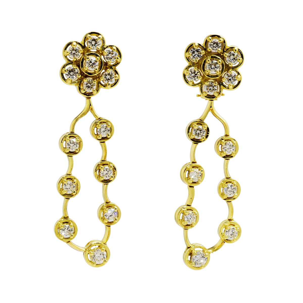 22067 Diamond Cluster Drop Earrings, Handmade in 18k Yellow Gold with 24 Round Diamonds Weighing 3.45 Carats Total and 2 Round Diamonds Weighing .53 Carats Total