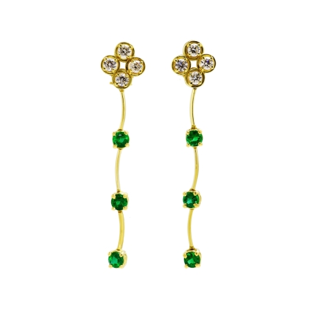 22116 Cascade Dangle Drop Earrings Designed & Handmade by Kaufmann de Suisse in 18kt Yellow Gold featuring 8 Round Brilliant Cut GSI Quality Diamonds weighing a total of 1.89cts and 6 Round Emeral