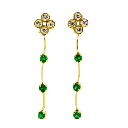 22116 Cascade Dangle Drop Earrings Designed & Handmade by Kaufmann de Suisse in 18kt Yellow Gold featuring 8 Round Brilliant Cut GSI Quality Diamonds weighing a total of 1.89cts and 6 Round Emeral