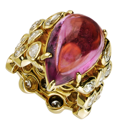 22148 Three Row Cascade Splash Ring Designed & Handmade by Kaufmann de Suisse in 18kt Yellow Gold featuring 1 Cushion Cut Rubellite weighing 32.51cts mounted with 23 Brilliant (1)