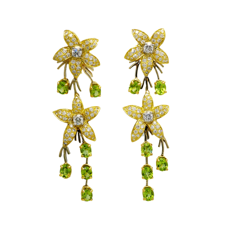 22387 Jasmin de Nuit Peridot & Diamond Dangle Drop Earrings Designed & Handmade by Kaufmann de Suisse in 18kt Yellow Gold featuring 12 Oval Cut Peridot weighing a total of 5.40cts and 144 Round Br