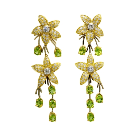 22387Jasmin de Nuit Peridot & Diamond Dangle DropEarrings Designed & Handmade by Kaufmann de Suisse in 18kt Yellow Gold featuring 12 Oval Cut Peridot weighing a total of 5.40cts and 144 Round Bril