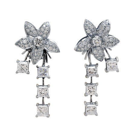 22566 Jasmin de Nuit Diamond Drop Earrings Designed & Handmade by Kaufmann de Suisse in 18kt White Gold featuring 72 Round Brilliant Cut GVS Quality Diamonds weighing a total of 1.12cts and 8 Prin