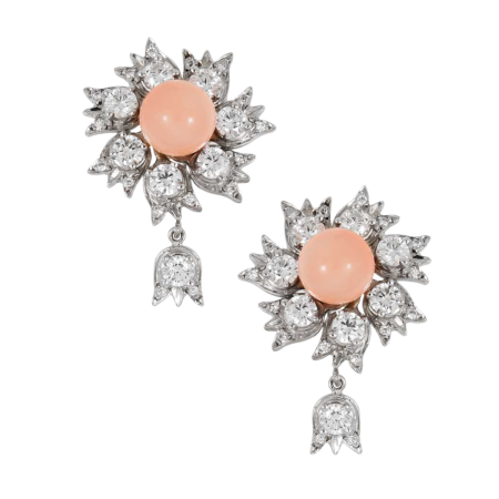 23057 Lilly of the Valley Coral & Diamond Dangle Drop Earrings Designed & Handmade by Kaufmann de Suisse in 18kt White Gold featuring 2 x 8.5mm Coral Beads and 48 Round Brilliant Cut GSi Quality D