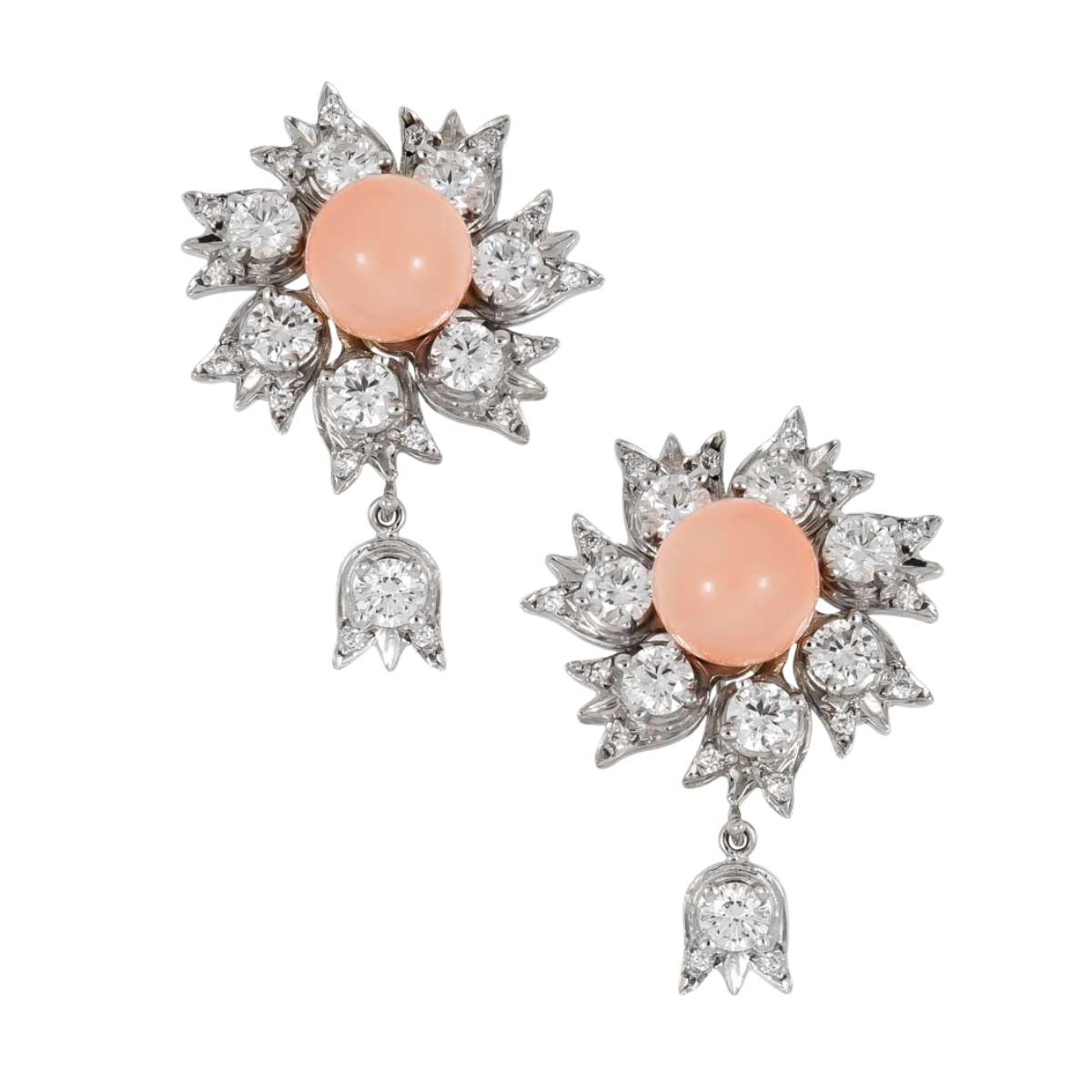 23057 Lilly of the Valley Coral & Diamond Dangle Drop Earrings Designed & Handmade by Kaufmann de Suisse in 18kt White Gold featuring 2 x 8.5mm Coral Beads and 48 Round Brilliant Cut GSi Quality D