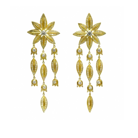 23070 Designer Yellow Gold & Diamond Feuille Chandellier Earrings Designed & Handmade by Kaufmann de Suisse in 18kt Yellow Gold featuring 352 Brilliant Cut GVVS Quality Diamonds weighing a total o