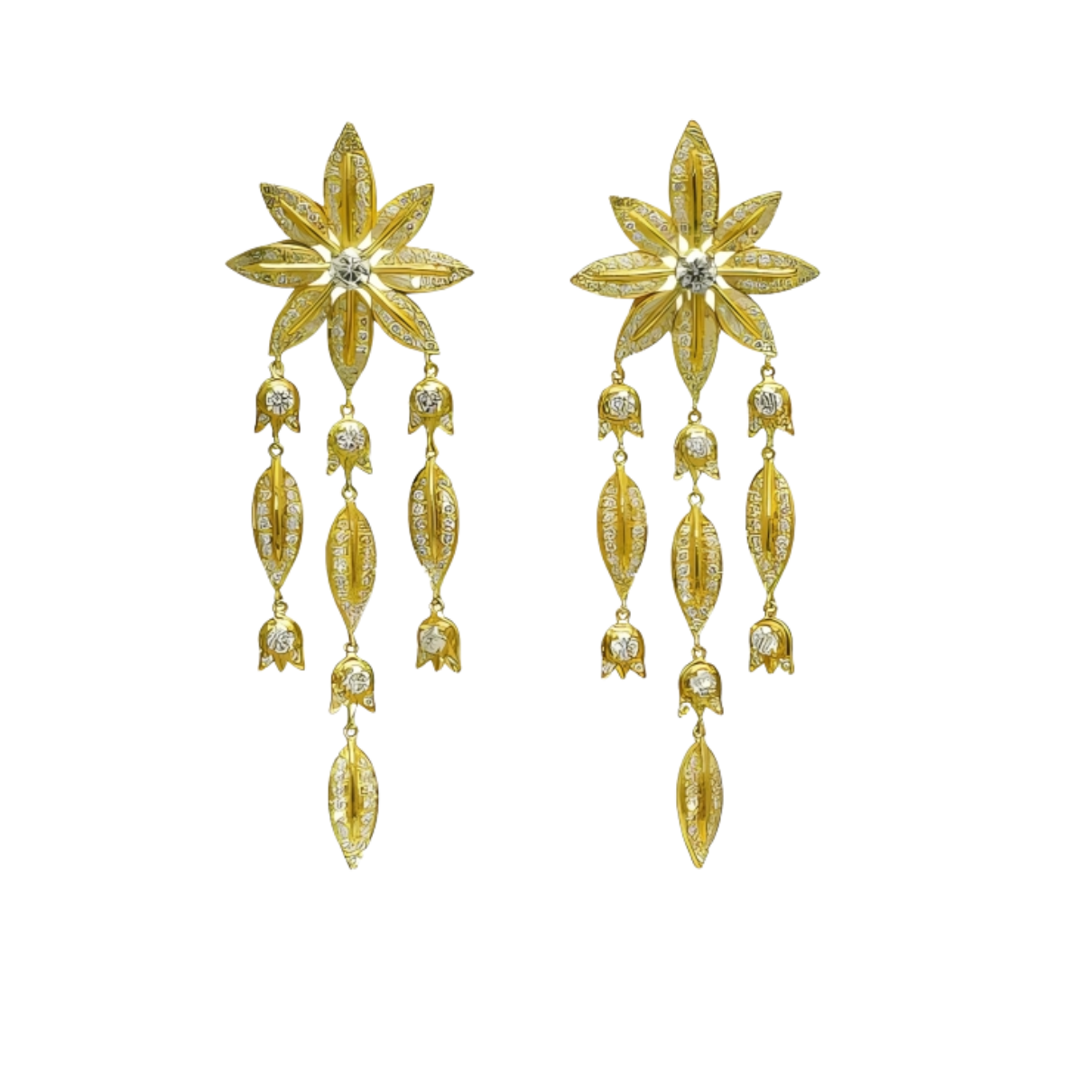 23070 Designer Yellow Gold & Diamond Feuille Chandellier Earrings Designed & Handmade by Kaufmann de Suisse in 18kt Yellow Gold featuring 352 Brilliant Cut GVVS Quality Diamonds weighing a total o