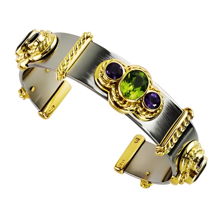 23255 Callista Amethyst & Peridot Bangle Bracelet Designed & Handmade by Kaufmann de Suisse in 18kt Yellow Gold & Stainless Steel featuring 3 Oval Peridot weighing a total of 5.04cts and 6 Round A