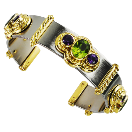23255 Callista Amethyst & Peridot Bangle Bracelet Designed & Handmade by Kaufmann de Suisse in 18kt Yellow Gold & Stainless Steel featuring 3 Oval Peridot weighing a total of 5.04cts and 6 Round A