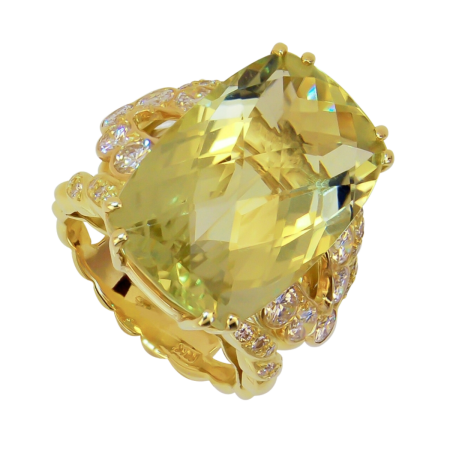 23325 Double Flowing Lines Lemon Quartz and Diamond Ring Designed & Handmade by Kaufmann de Suisse in 18kt Yellow Gold featuring 19.25cts Cushion Lemon Quartz flanked and mounted with 30 Round Bri
