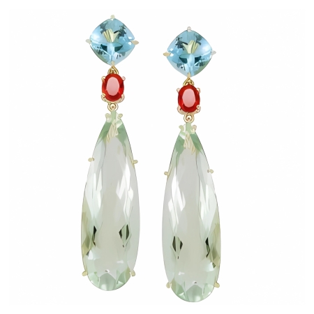 23326 Topaz, Fire Opal and Quartz Dangle Earrings, Handmade in 18k Yellow Gold with 2 Cushion Blue Topaz's and 2 Oval Fire Opals and 2 Pear Quartz Weighing 58.48 Carats Total