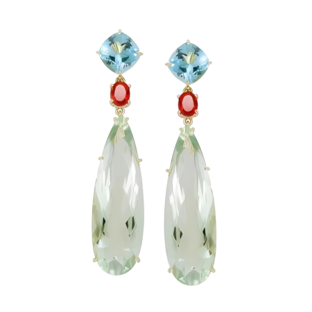 23326 Topaz, Fire Opal and Quartz Dangle Earrings, Handmade in 18k Yellow Gold with 2 Cushion Blue Topaz's and 2 Oval Fire Opals and 2 Pear Quartz Weighing 58.48 Carats Total