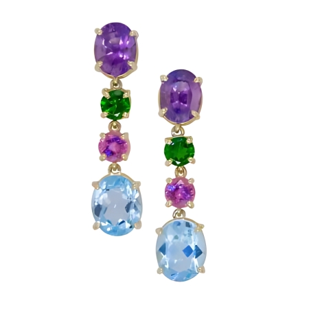 23328 Multi Gemstone Dangle Earrings, Handmade in 18k Yellow Gold with 2 Oval Amethyst Weighing 3.53 Carats and 2 Green Tourmaline Weighing .81 Carats and 2 Pink Tourmaline Weighing .90 Carats and