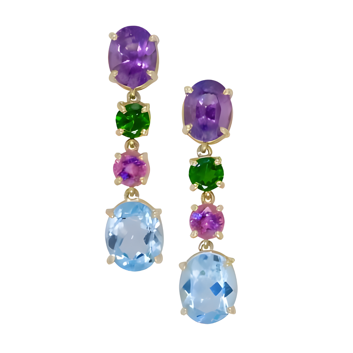 23328 Multi Gemstone Dangle Earrings, Handmade in 18k Yellow Gold with 2 Oval Amethyst Weighing 3.53 Carats and 2 Green Tourmaline Weighing .81 Carats and 2 Pink Tourmaline