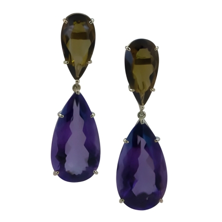 23330 Amethyst and Citrine Pear Drop Earrings, Handmade in 18k Yellow Gold with 2 Pear Amethysts Weighing 42.15 Carats and 2 Pear Citrines Weighing 11.39 Carats Total