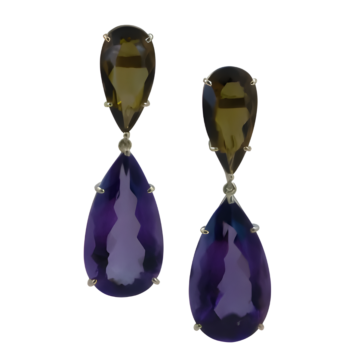 23330 Amethyst and Citrine Pear Drop Earrings, Handmade in 18k Yellow Gold with 2 Pear Amethysts Weighing 42.15 Carats and 2 Pear Citrines Weighing 11.39 Carats Total