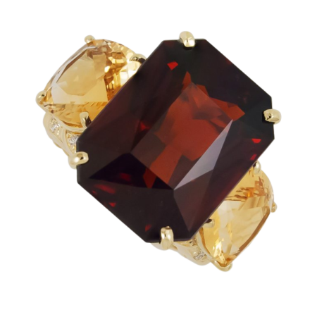 23360 Double Flowing Lines Split Shank Ring Designed and Handmade by Kaufmann de Suisse in 18kt Yellow Gold featuring 1 Radiant Cut 23.91cts Rhodolite Garnet flanked