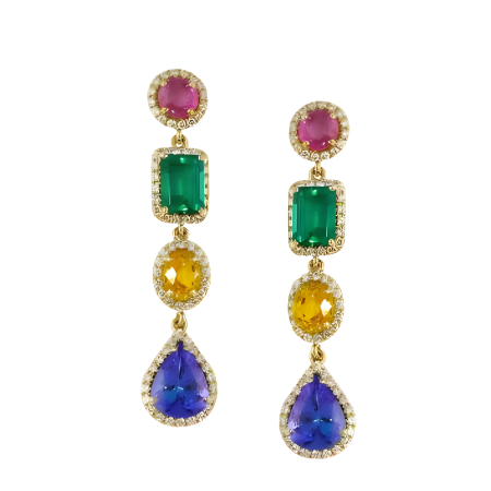 23363B Dangle Drop Earrings Designed & Handmade by Kaufmann de Suisse in 18kt Yellow Gold featuring 2 Round Pink Sapphires weighing a total of 1.98cts, 2 Emerald Cut Columbian Emeralds weighing a