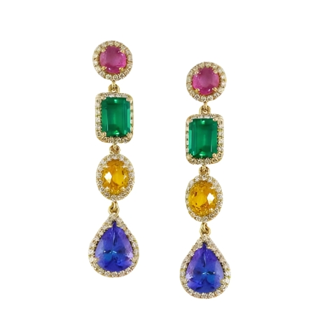 23363B Gemstone and Diamond Drop Earrings, Handmade in 18k Yellow Gold with 2 Round Pink Sapphires Weighing 1.98 Carats and 2 Emerald Cut Emeralds Weighing 3.00 Carats and 2 Oval Yellow Sapphires