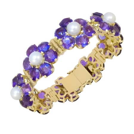 23372 Amethyst and Cultured Pearl Bracelet, Handmade in 18k Yellow Gold with 48 Round Amethyst Weighing 38.40 Carats and 20 Cultured Freshwater Pearls