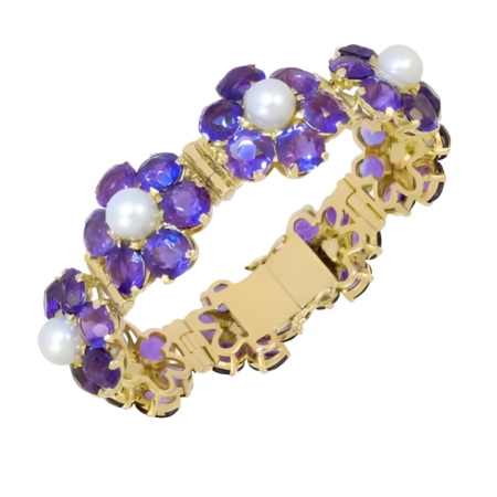 23372 Amethyst and Cultured Pearl Bracelet, Handmade in 18k Yellow Gold with 48 Round Amethyst Weighing 38.40 Carats and 20 Cultured Freshwater Pearls