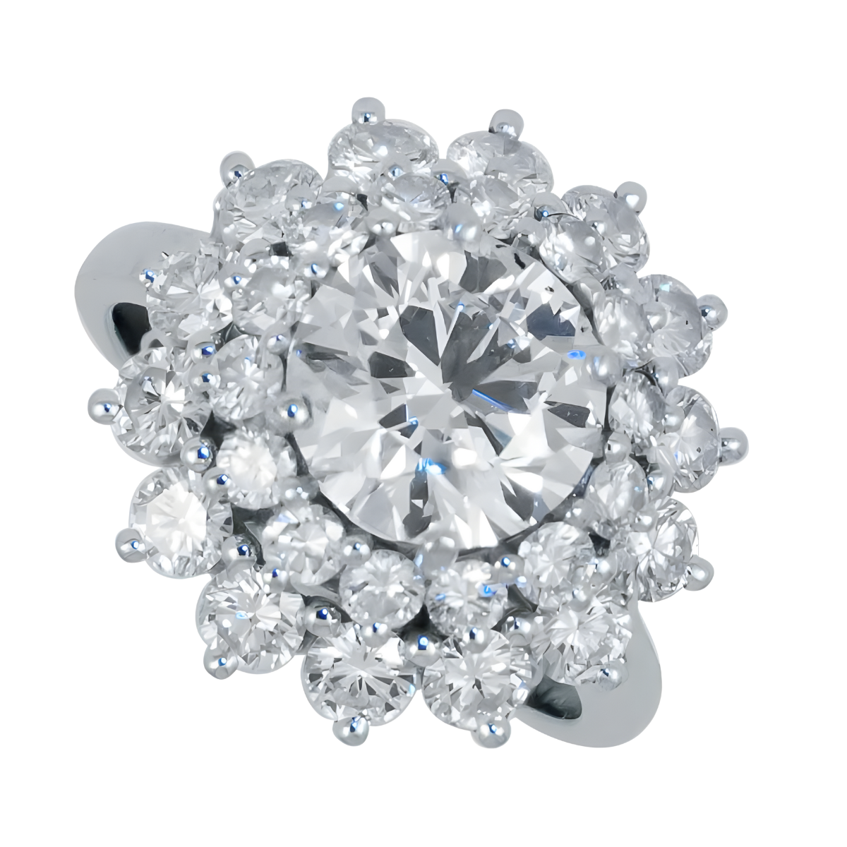 23409 Luxury Diamond Double Halo Diamond Ring Handmade in 18k White Gold with a Center Round Diamond Weighing 2.03 Carats and 41 Round Side Diamonds Weighing .67 Carats Total