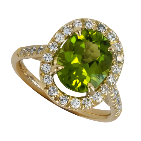 23426 Peridot and Diamond Ring, Handmade in 18k Yellow Gold with an Oval Peridot Weighing 2.77 Carats and 30 Round Diamonds Weighing .60 Carats Total