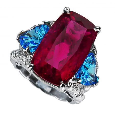 Blue Topaz and Red Gemstone Ring