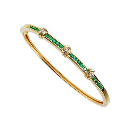 23451 Emerald and Diamond Bangle Bracelet, Handmade in 14k Yellow Gold with 18 Round Emeralds Weighing .90 Carats Total and 3 Round Diamonds Weighing .03 Carats Total