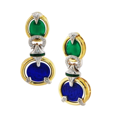 23455 Lapis Lazulie and Agate Earrings, Handmade in 18k Yellow Gold with 2 Oval Lapis Gems and 2 Agates and 34 Round Diamonds Weighing .34 Carats Total