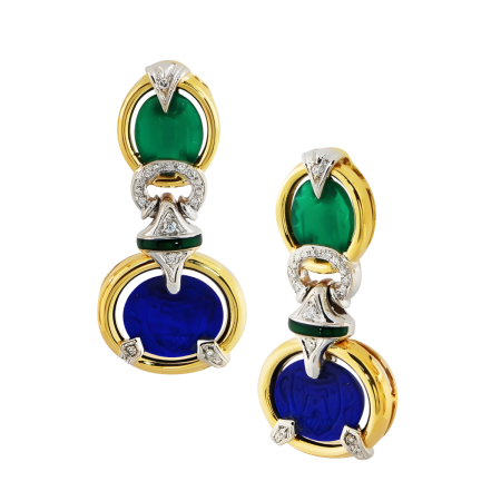 23455 Lapis Lazulie and Agate Earrings, Handmade in 18k Yellow Gold with 2 Oval Lapis Gems and 2 Agates and 34 Round Diamonds Weighing .34 Carats Total