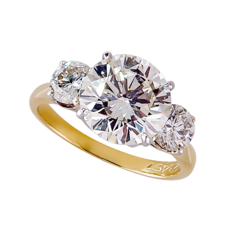 23457 Three Stone Diamond Ring, Handmade in 18k Yellow Gold with a Center Round Diamond (M SI2) Weighing 4.11 Carats and 2 Round Side Diamonds Weighing 1.20 Carats Total (I SI2)