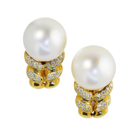 30181 Double Flowing Lines South Sea Pearl and Diamond Earrings Designed & Handmade by Kaufmann de Suisse in 18kt Yellow Gold featuring 2 South Sea Pearls measureing 13.5mm each and 56 Round Brill